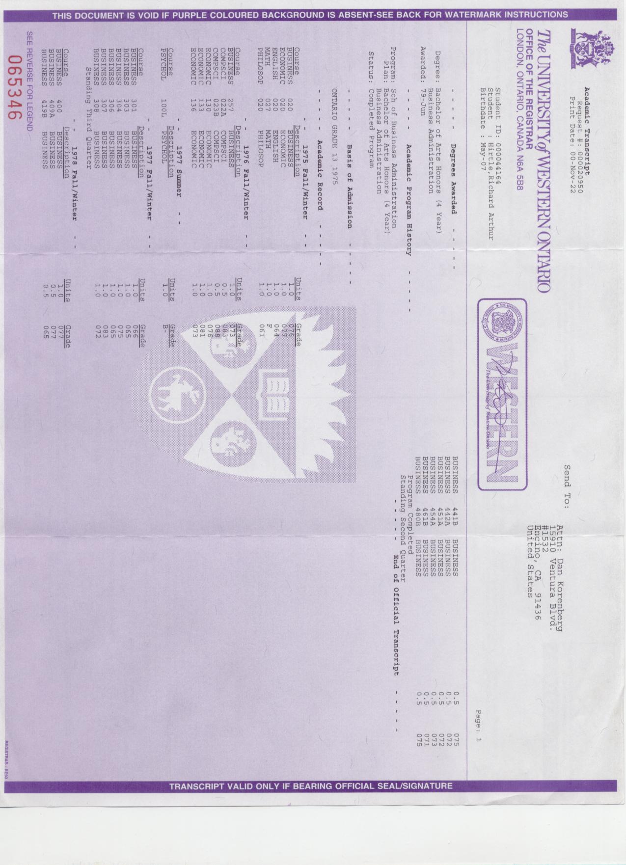 Richard Hirtle University Transcripts
